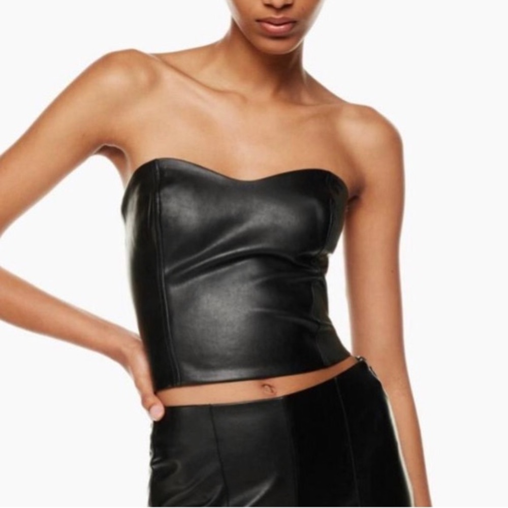 Babaton Black Strapless Faux Leather Bustier Camisole